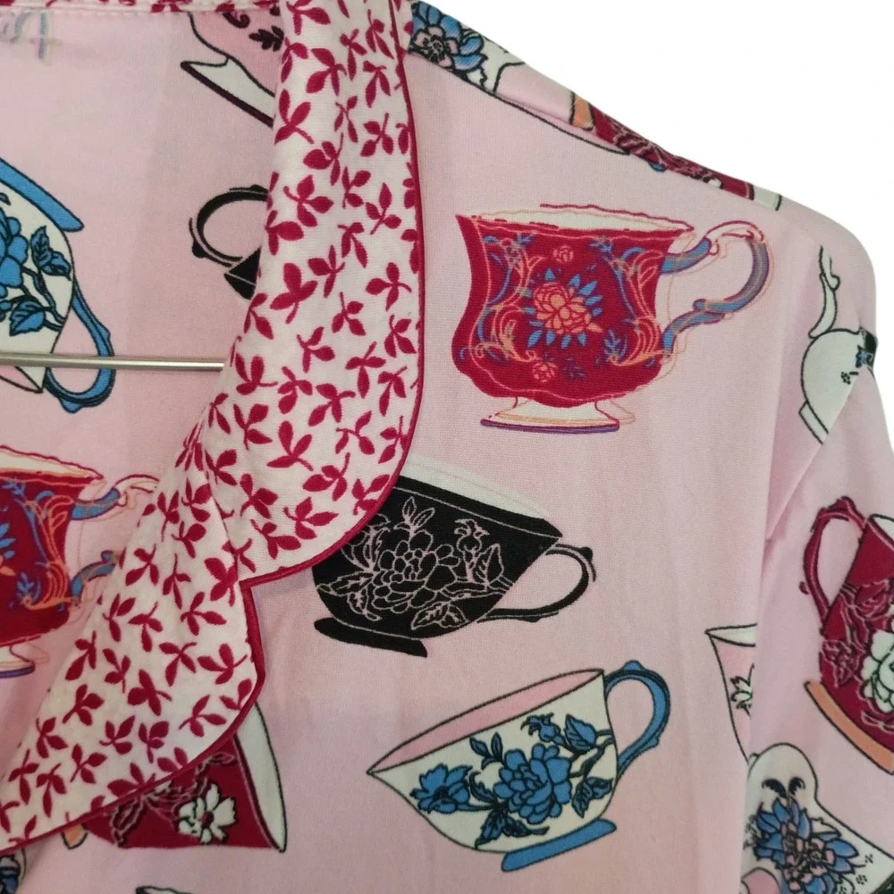 Flora Nikrooz Pink Tea Time Teacup Print Pajama Top Long‎ Sleeve Button Down M